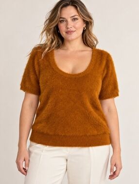 Maeve Anthropologie Rust Fuzzy Scoop Neck Short Sleeve Sweater Large